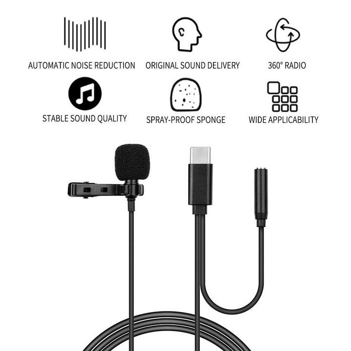 Microfon tip lavaliera, cu fir, Type-C - Jack 3.5 mm, lungime cablu 1.5 m, negru [9]