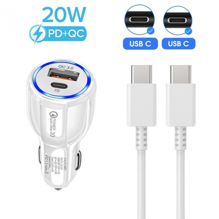 Kit incarcator auto 20W, 12-24V 1x USB,1x type C + cablu incarcare Type C-C 1 m - Alb [3]
