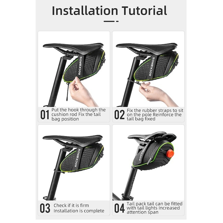 Geanta pentru bicicleta, montare sub sa, 21 x 9.5 x 9.5 cm, 3 moduri de lumina, husa impermeabila inclusa [3]