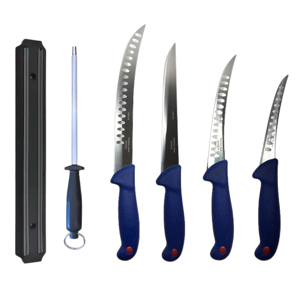 Set 4 cutite profesionale de macelarie, filetat, injunghiat, transat, dezosat, otel carbon, masat pentru ascutit, suport magnetic [1]