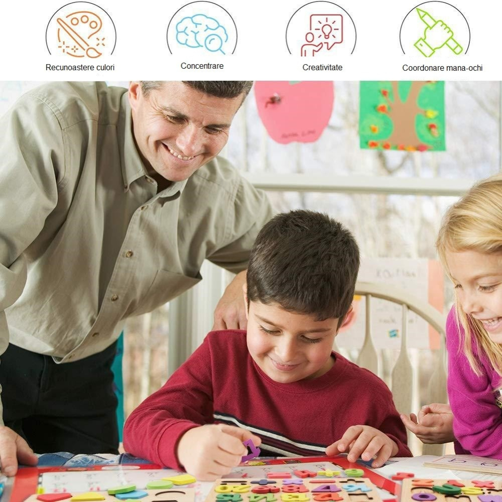 Tabla cu cifre si simboluri pentru copii, puzzle educativ, 25 piese, Montessori, lemn, 20 x 20 cm, multicolor [7]