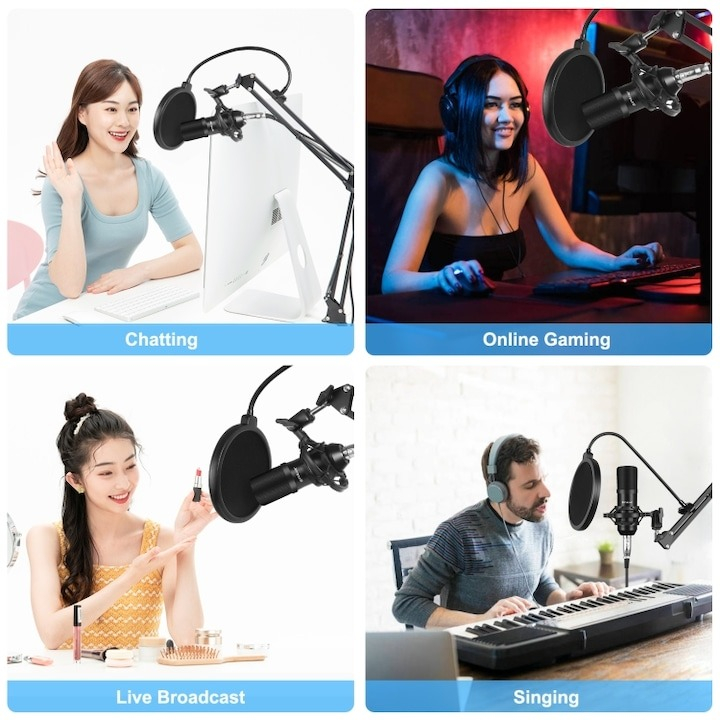 Microfon cu condensator, de studio, compatibil cu Android si iOS, otel/aliaj de zinc, negru [7]