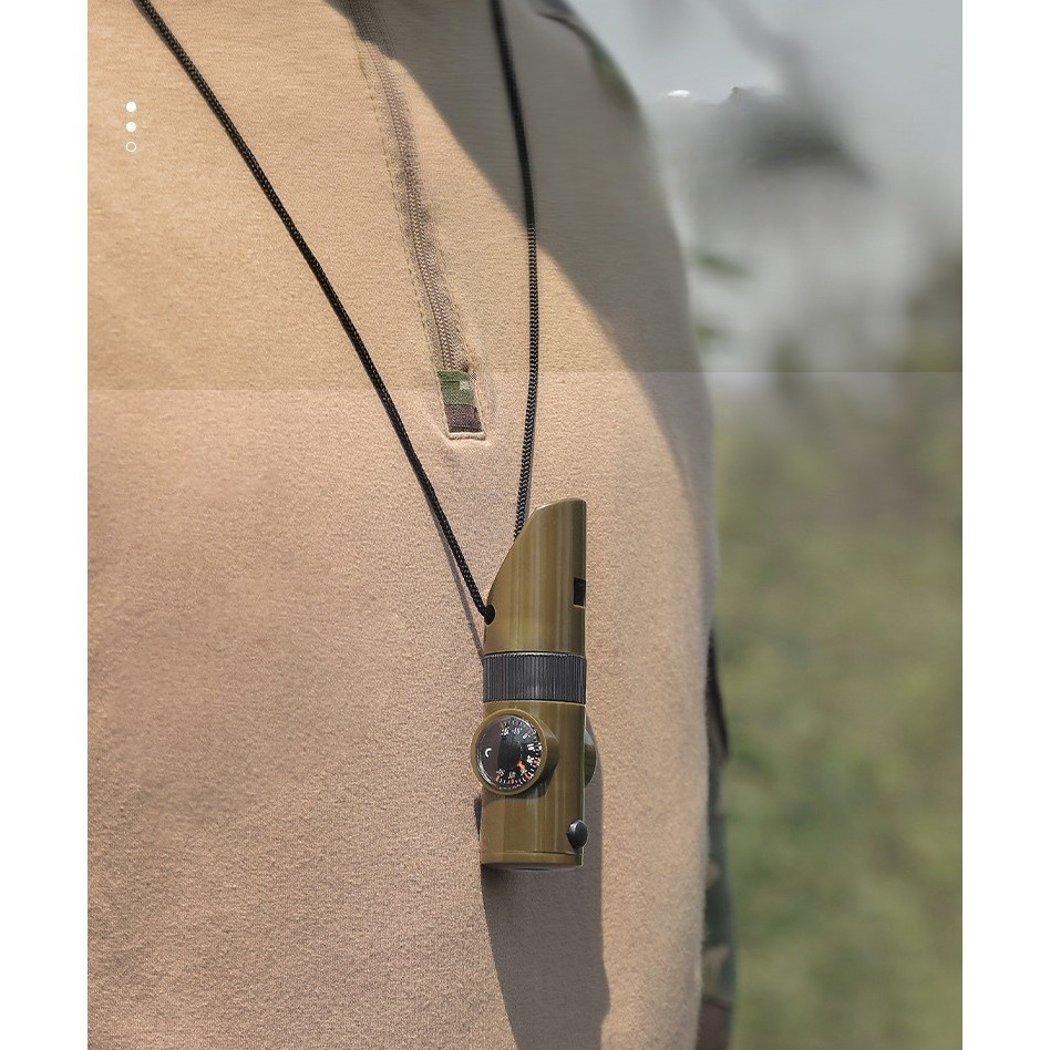 Fluier 7 in 1, multifunctional, lupa, lanterna LED, busola, oglinda, termometru, compartiment depozitare, ABS, pentru camping, drumetii, verde [11]