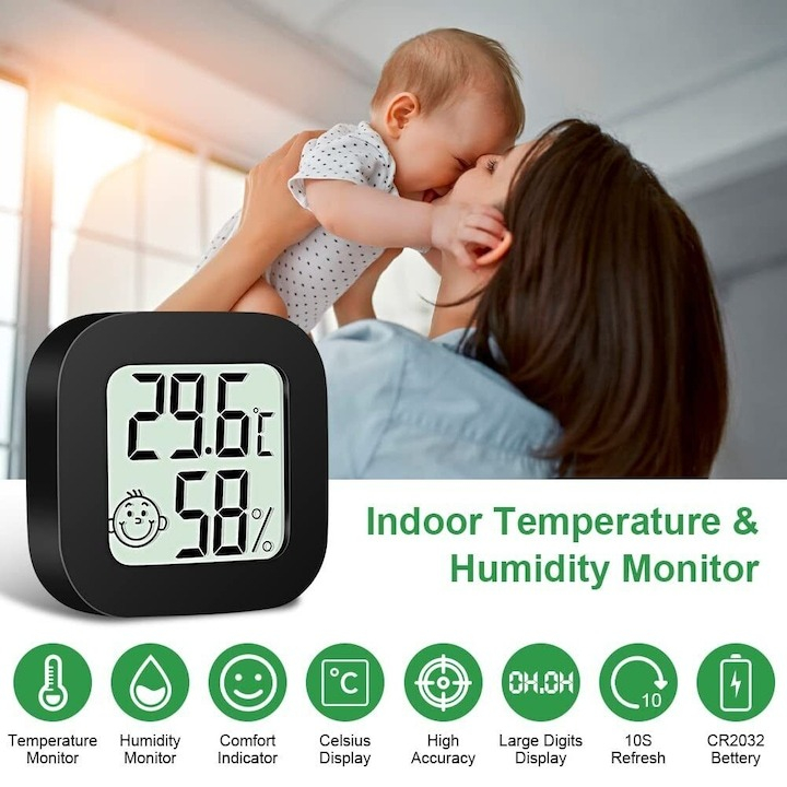 Termometru si higrometru digital, LCD, de camera, masurare -10°C + 70°C, plastic, 45 x 45 x 13 mm, negru [2]