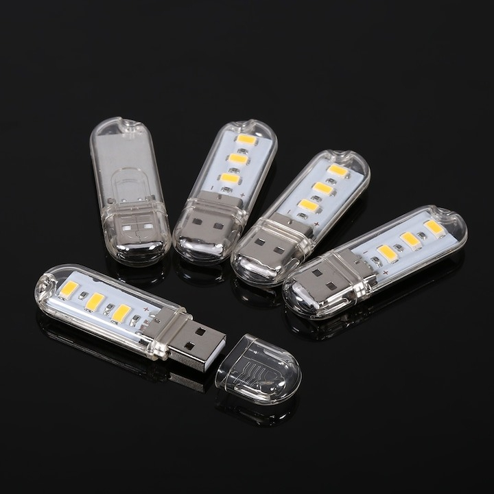 Mini lampa USB cu 3 LED-uri, portabila, lumina calda, carcasa transparenta [3]