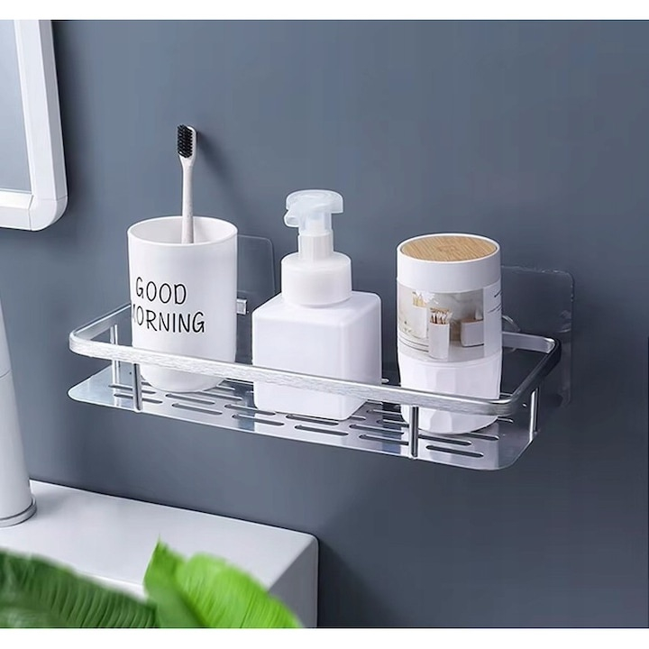 Raft suspendat pentru baie si bucatarie, montare cu suport adeziv, stil modern, otel inoxidabil, 30.5 x 13 x 5.5 cm, argintiu [9]