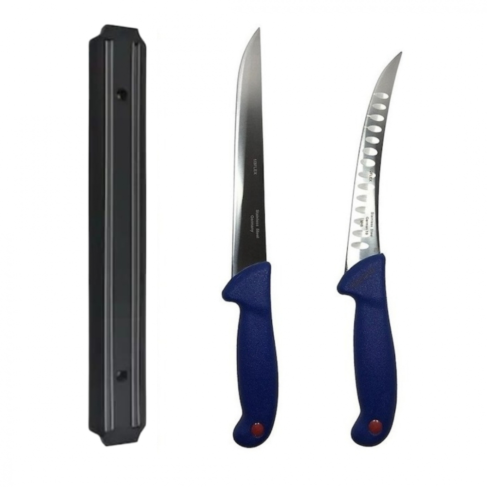 Set cutite profesionale de macelarie, filetat, transat, dezosat, 2 cutite, otel carbon, suport magnetic