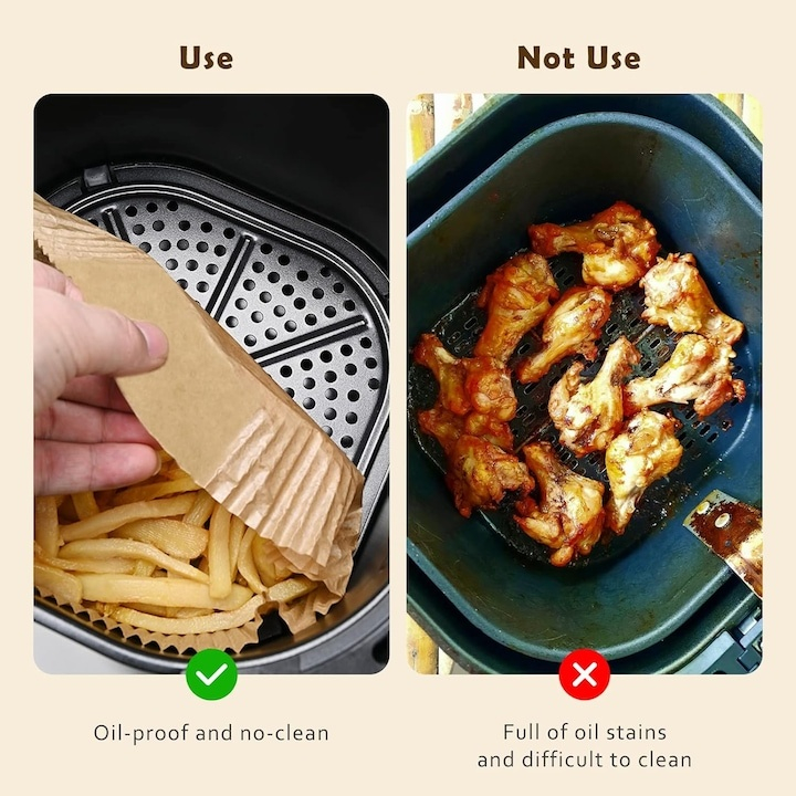 Hartii de copt pentru friteuza cu aer cald, set 50 bucati, forma patrata, antiaderente, rezistente la ulei si grasime, 16 x 16 cm, maro [5]