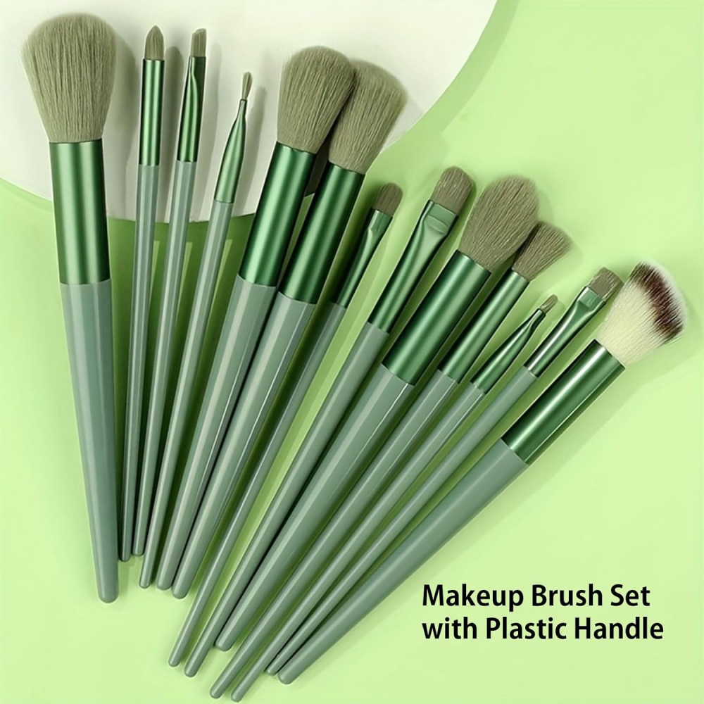 Set 13 pensule pentru machiaj, sintetice, maner plastic, soft, portabil, husa inclusa, verde [15]