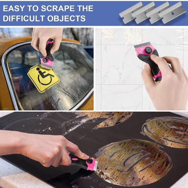 Racleta multifunctionala, 2 capete, maner ergonomic, curatare ceramica, sticla, 10 lame plastic, 10 lame metalice, negru/roz [5]