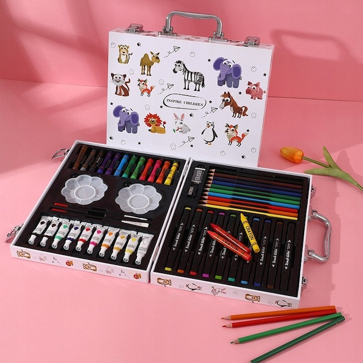 Set de pictura si desen pentru copii, 68 piese, valiza pentru depozitare, carte de colorat, ascutitoare, radiera, markere, pensule, creioane, palete pentru amestecarea culorilor, acuarele, multicolor [5]