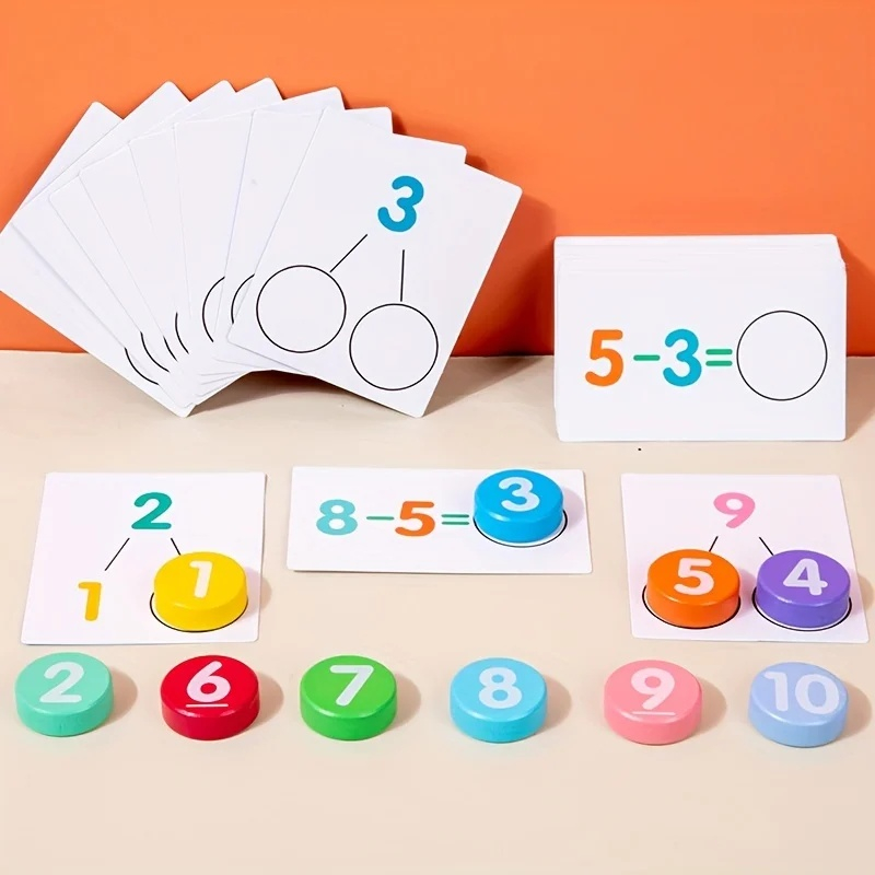 Joc educativ pentru copii, operatii matematice, adunare si scadere, cifre 1-10, lemn, 46 planse, multicolor, 16.3 x 11.5 x 3.7 cm [6]