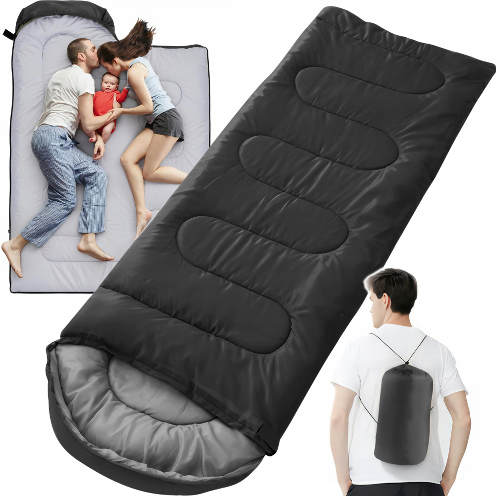 Sac de dormit pentru camping, drumetii, 2 in 1, impermeabil, poliester, 210 x 75 cm, negru, husa transport [11]