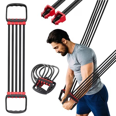 Extensor fitness cu 5 corzi, banda fitness din cauciuc, rezistenta 40 kg, Rosu / Negru [4]