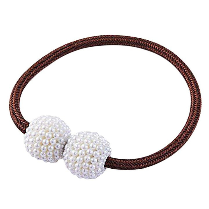 Magnet decorativ pentru perdele si draperii, catarama cu perle si curea cu textura tesuta, poliester, 48 cm, maro [5]