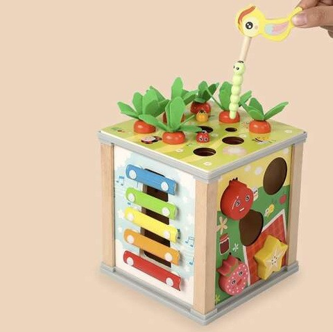 Cub educativ pentru copii, 6 in 1, diverse activitati, lemn, 16 x 15.5 x 15.5 cm, multicolor [7]