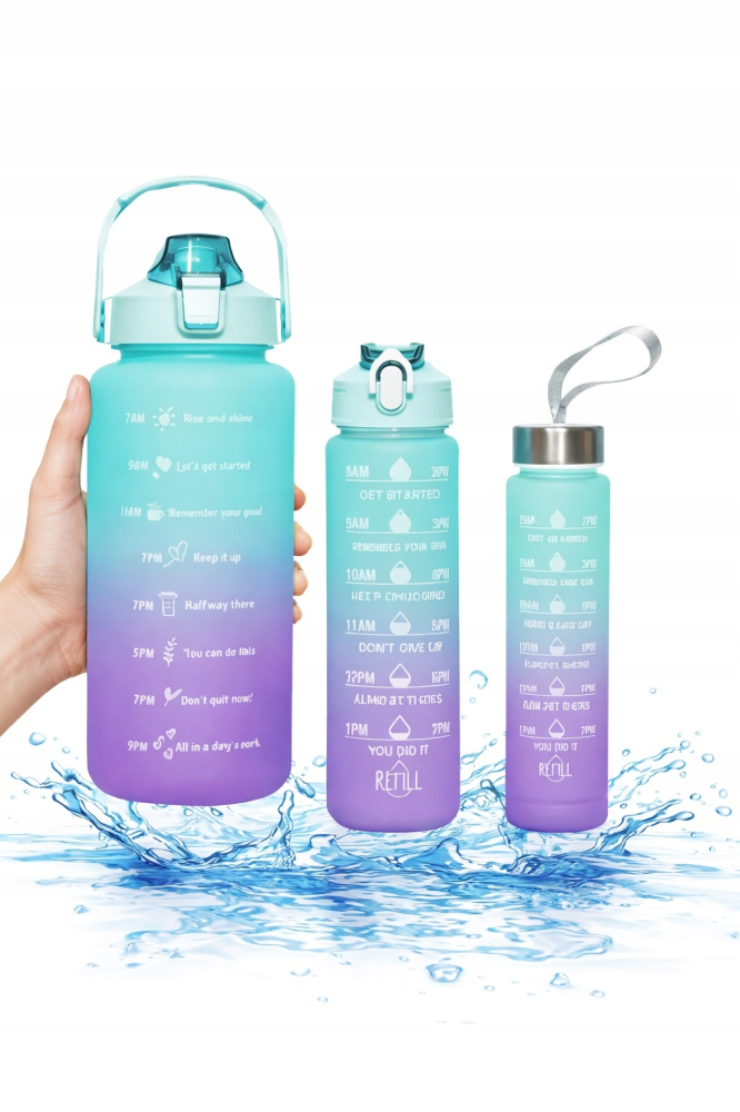 Set 3 sticle de apa, cu pai, 2000 ml / 900 ml / 300 ml, pentru sport, fara BPA, albastru/mov [14]