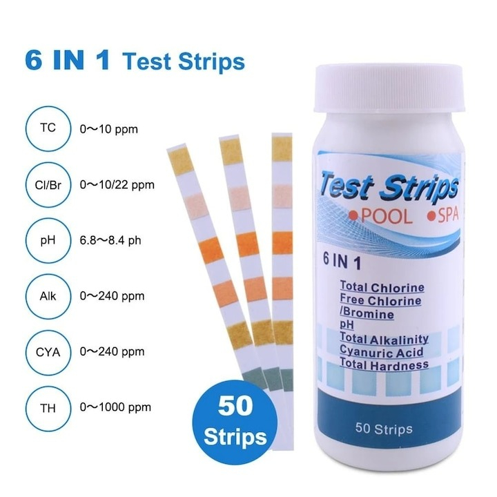 Set de 50 de benzi pentru testarea apei, efectueaza 6 teste simultan, duritate, acid cianuric, alcalinitate, PH, clor liber, clor total [5]
