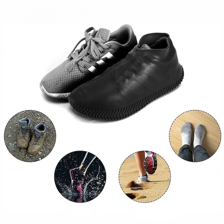 Set 2 x husa pentru protectie incaltaminte, latex, impermeabila, unisex, marime M 34-40 cm, antiderapanta, reutilizabila, negru [2]