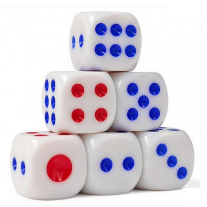 Set 10 zaruri albe cu puncte albastre si rosii, 13 mm, pentru jocuri de societate sau jocuri de noroc [3]