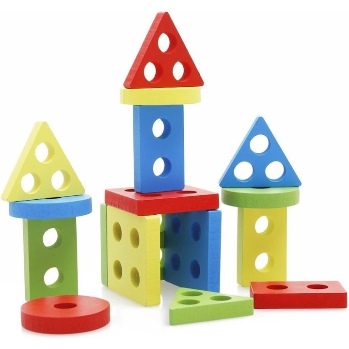 Jucarie educativa pentru copii, Montessori, sortare forme geometrice, 16 piese, 3+ ani, lemn, 12 x 12 x 5 cm, multicolor [2]