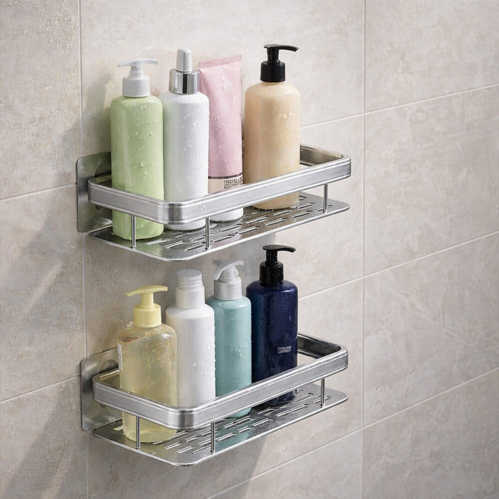 Raft suspendat pentru baie si bucatarie, montare cu suport adeziv, stil modern, otel inoxidabil, 30.5 x 13 x 5.5 cm, argintiu [12]