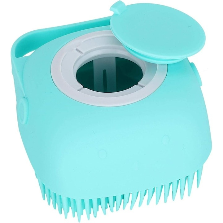 Perie multifunctionala pentru spalarea animalelor de companie, cu rezervor pentru sampon, silicon moale, masaj si ingrijire blana, pentru caini si pisici, 8 x 8.5 x 5 cm, turcoaz [2]