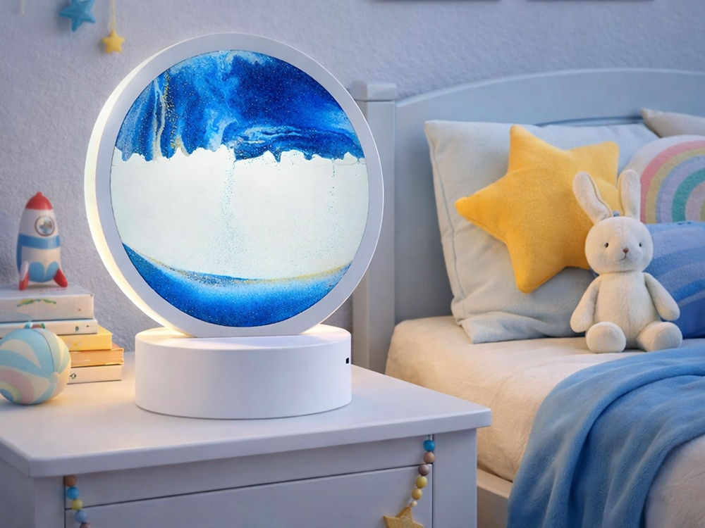 Lampa decorativa tip clepsidra cu efect 3D de nisip in miscare, LED, albastru, alimentare USB sau 3 baterii AA, baza alba, diametru 16 cm [2]