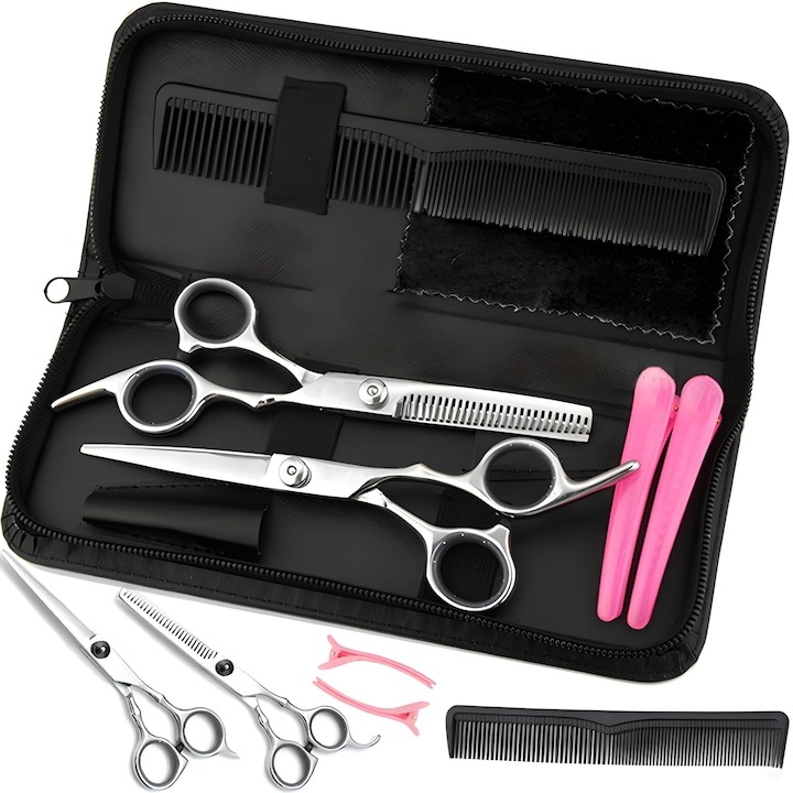 Set 2 foarfece de tuns, din inox, 2 cleme de par, pieptan, negru, 21.5 x 8.5 x 3 cm, carcasa inclusa [9]