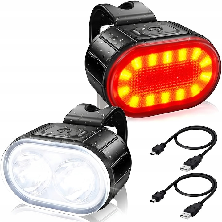 Set 2 lumini LED pentru bicicleta, far si stop, reincarcabile USB, 4 moduri iluminare, protectie IPX4, 4.3 x 2.7 cm [5]