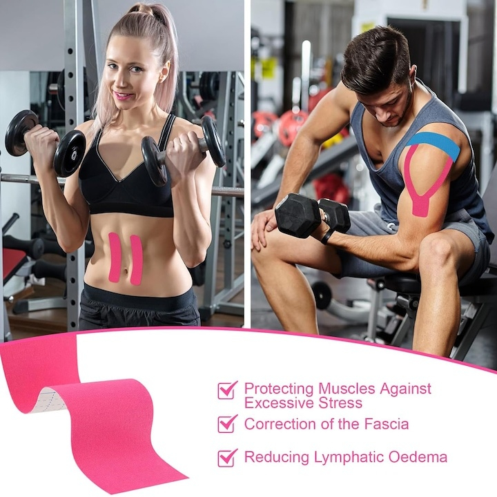 Set 4 benzi kinesiologice, bumbac, impermeabile, sustinere si protectie, ameliorarea durerii, pentru sportivi, elastice, respirabile, 5 m x 5 cm, multicolor [12]