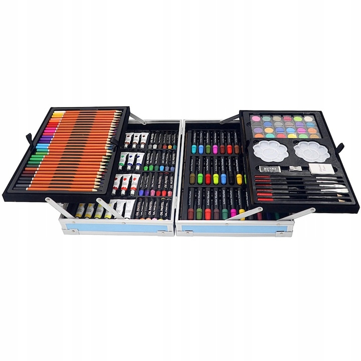 Set creativ de pictura si desen pentru copii, 145 piese, model dinozaur, 34 x 23 x 8 cm, albastru, valiza metalica pentru depozitare [10]