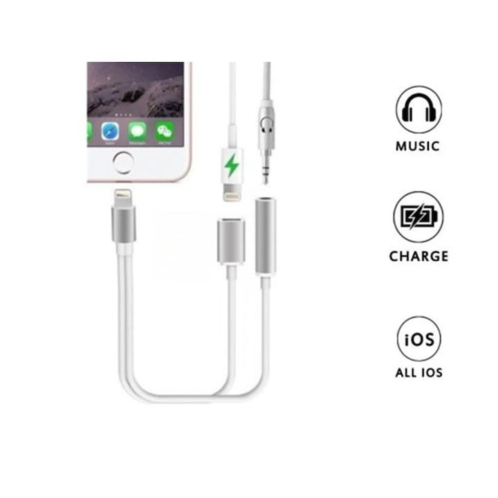 Adaptor 2 in 1 pentru iPhone, casti si incarcator, Lightning/jack 3.5 mm, argintiu [2]