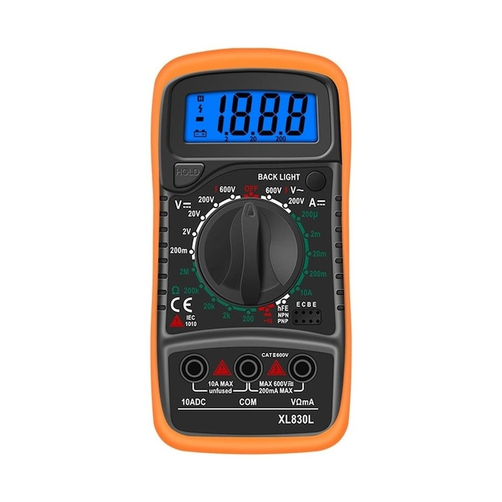 Multimetru digital, model XL830L, afisaj LCD, tensiunea AC DC, curent DC, rezistenta, continuitate, verificare diode tranzistori, portocaliu