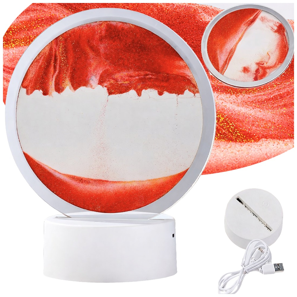Lampa decorativa LED cu efect 3D nisip curgator, tip clepsidra, rosu, baza alba, USB sau baterii, decor relaxant pentru dormitor, living si birou [11]