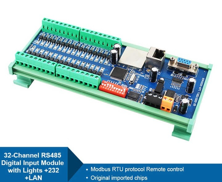 Modul 32 canale Ethernet Input, alimentare 24V DC, Port comunicatie RS485, RS232, Ethernet RJ45, protocol Modbus RTU/TCP, suport monare pe sina, ABS, multicolor, extensie pentru PLC. [2]