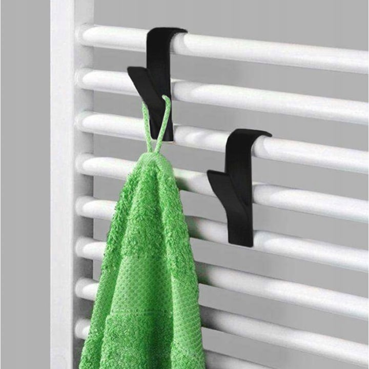 Set 2 carlige pentru prosoape, prindere pe calorifer, plastic ABS rezistent la apa, 9.5 x 2.5 cm, organizare practica pentru baie sau bucatarie, negru [4]