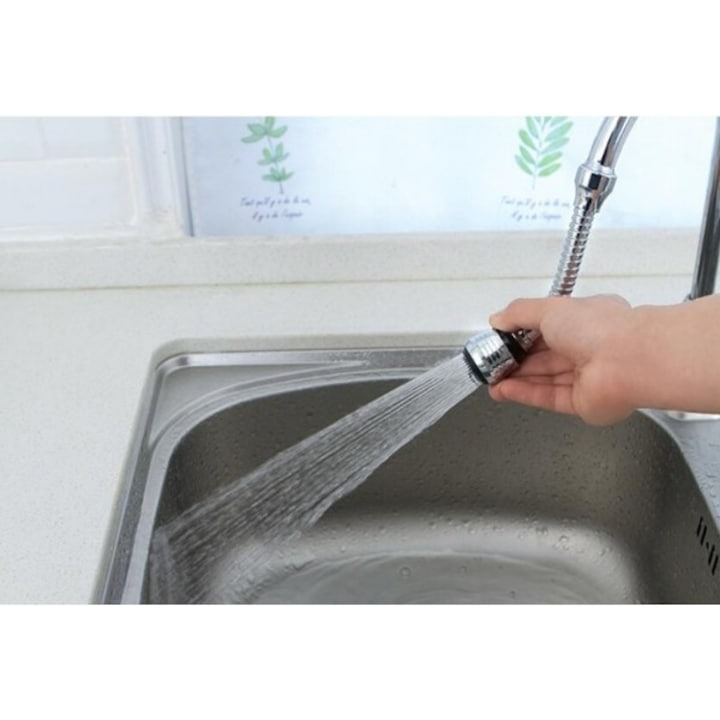 Extensie robinet, pentru bateria de chiuveta, rotatie 360 grade, plastic, 2 moduri de functionare, lungime 17 cm, argintiu [6]