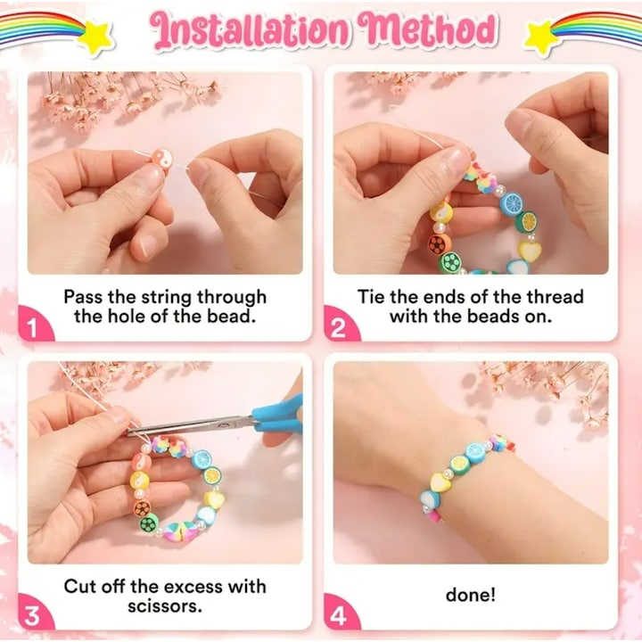 Set creatie bijuterii pentru copii, bratari, cercei, coliere, 480 margele, 24 modele, 2 role snur, 13 x 19 x 2 cm, multicolor [2]