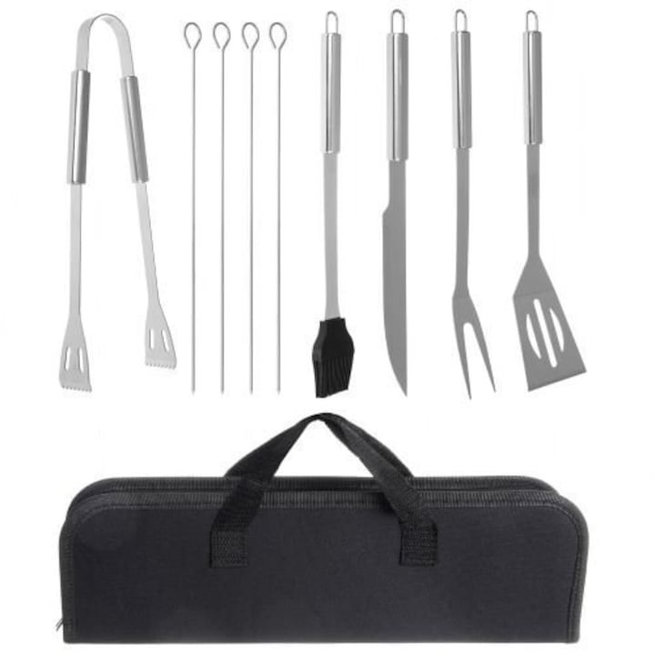 Set 9 ustensile pentru gratar, otel inoxidabil/silicon, husa depozitare inclusa, 38.5 x 11.5 x 5 cm, negru/argintiu [20]