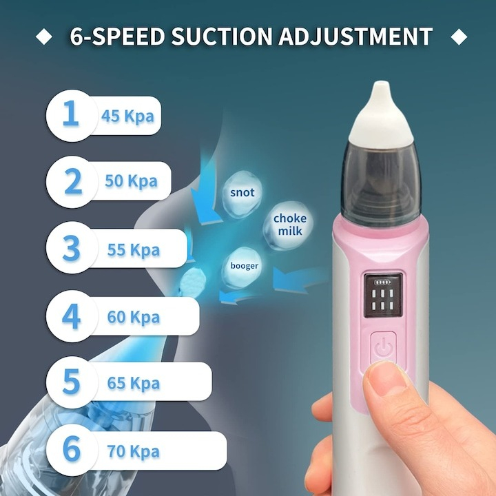 Aspirator nazal pentru bebelusi, electric, 2 capete diferite si 11 filtre, 6 viteze, putere 487 mmHg, roz [4]