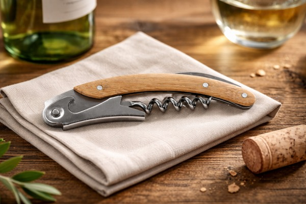 Tirbuson multifunctional, cutit, desfacator sticle, metalic, maner de bambus, maro [6]