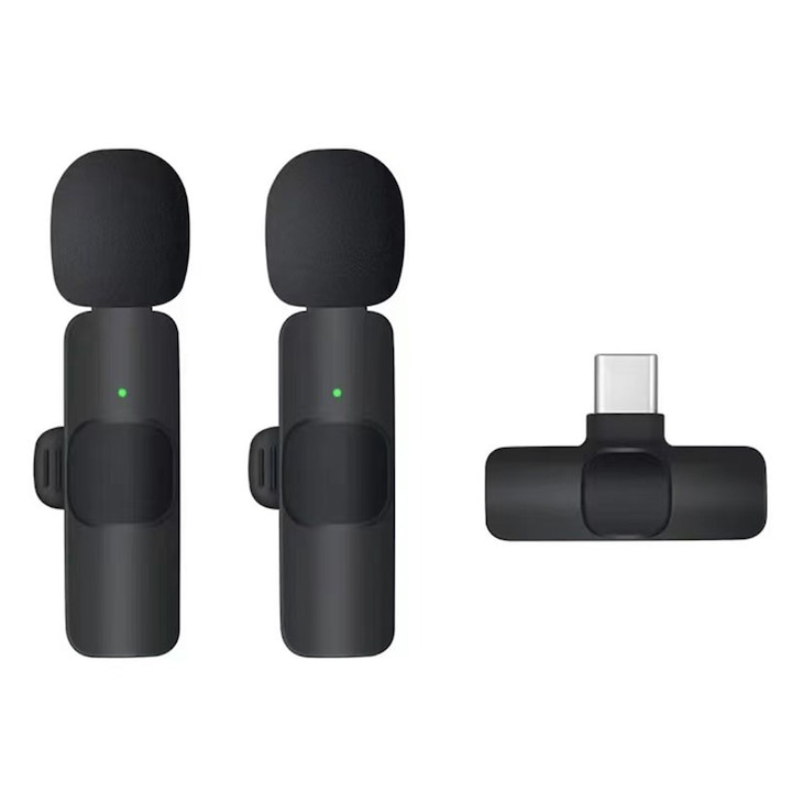 Set 2 x lavaliera wireless pentru telefon, USB-C, negru