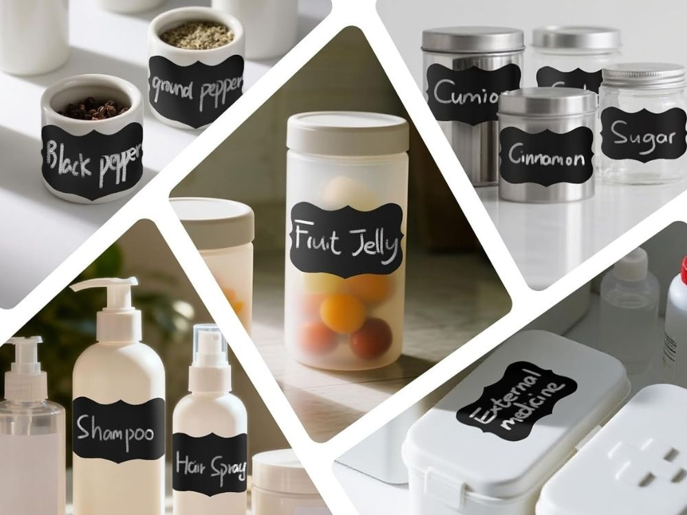 Set 192 etichete autoadezive, marker alb inclus, PVC, reutilizabil, 5.5 x 3.5 cm, universal, pentru plastic, metal, sticla, negru [9]