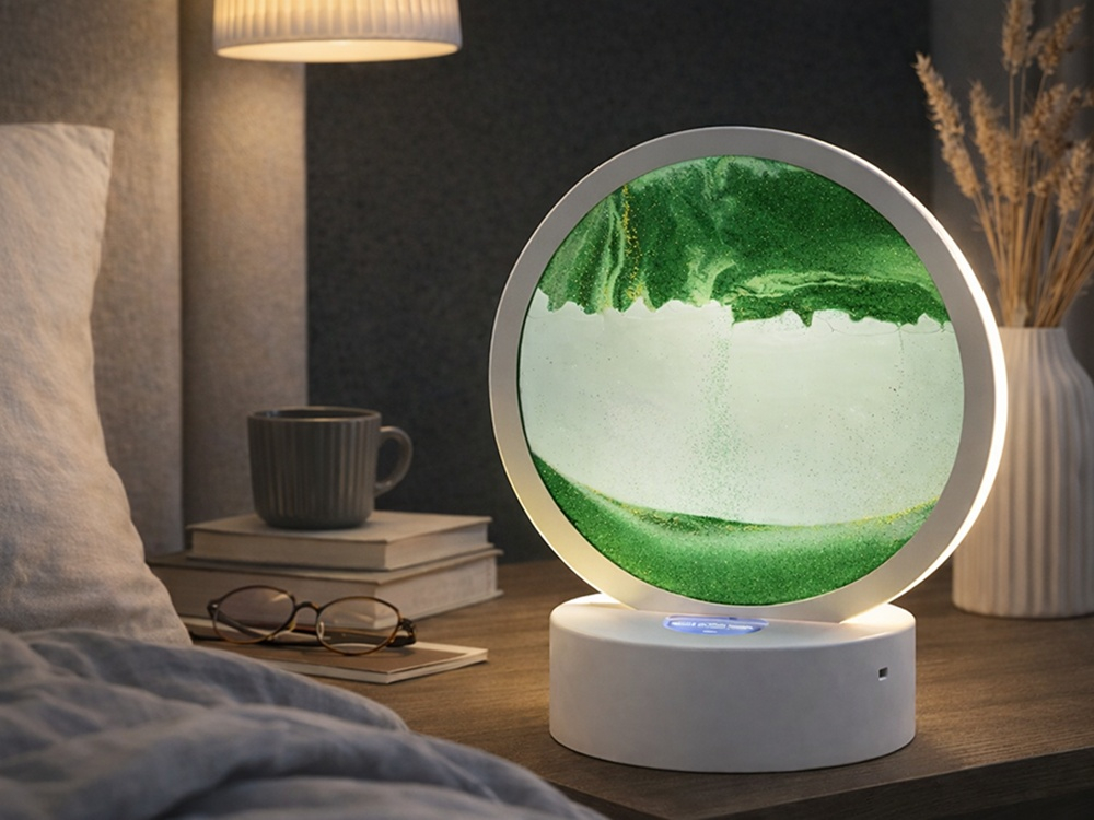 Lampa decorativa cu nisip in miscare, efect relaxant 3D, LED, verde, pentru living si dormitor, 19 x 10 cm [7]