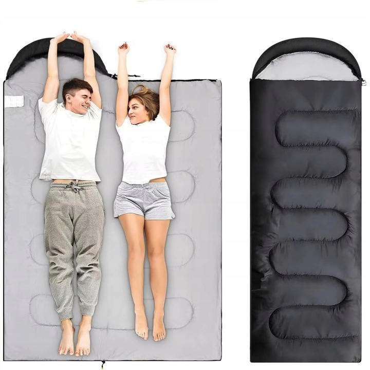 Sac de dormit pentru camping, drumetii, 2 in 1, impermeabil, poliester, 210 x 75 cm, negru, husa transport [7]