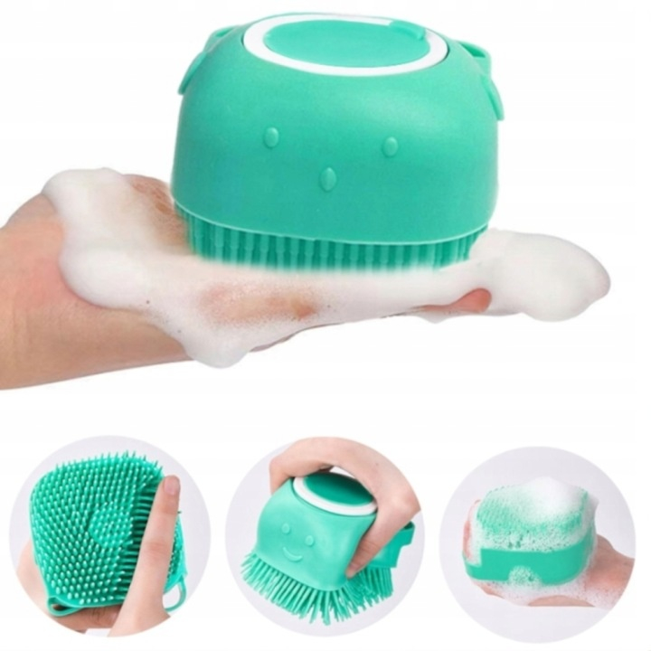 Perie multifunctionala pentru spalarea animalelor de companie, cu rezervor pentru sampon, silicon moale, masaj si ingrijire blana, pentru caini si pisici, 8 x 8.5 x 5 cm, turcoaz [8]