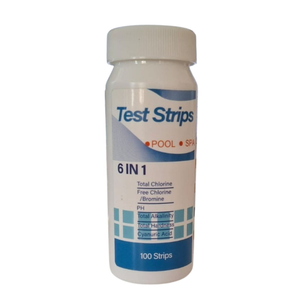 Set de 100 de benzi pentru testarea apei, efectueaza 6 teste simultan, duritate, acid cianuric, alcalinitate, PH, clor liber, clor total