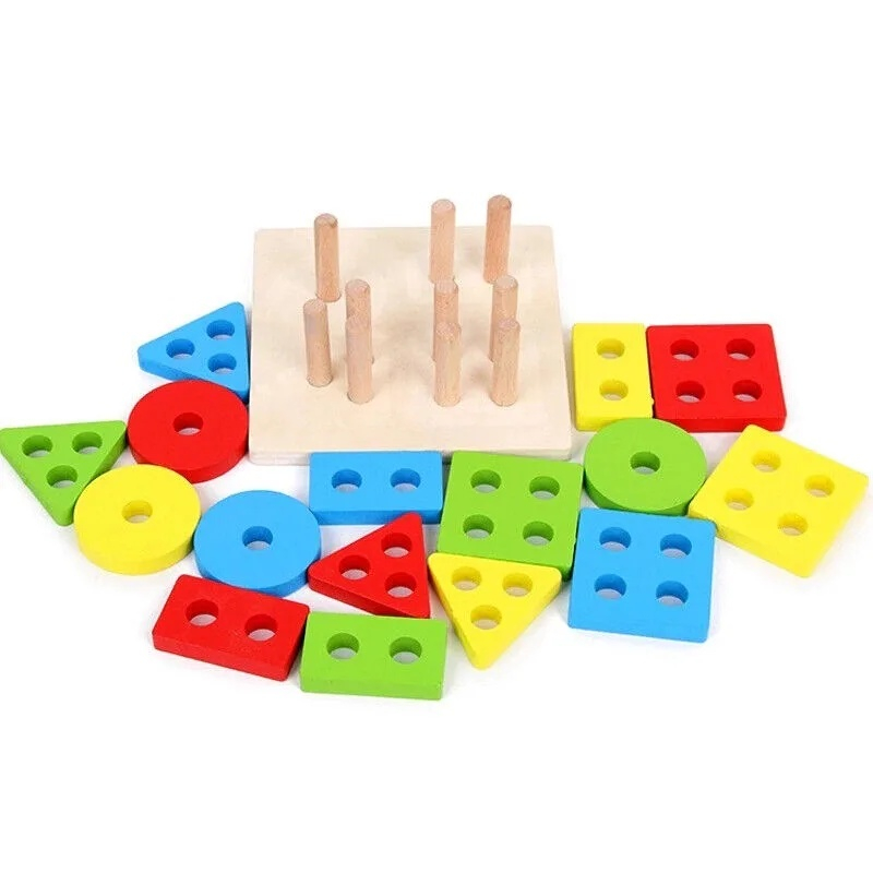 Jucarie educativa pentru copii, Montessori, sortare forme geometrice, 16 piese, 3+ ani, lemn, 12 x 12 x 5 cm, multicolor [15]