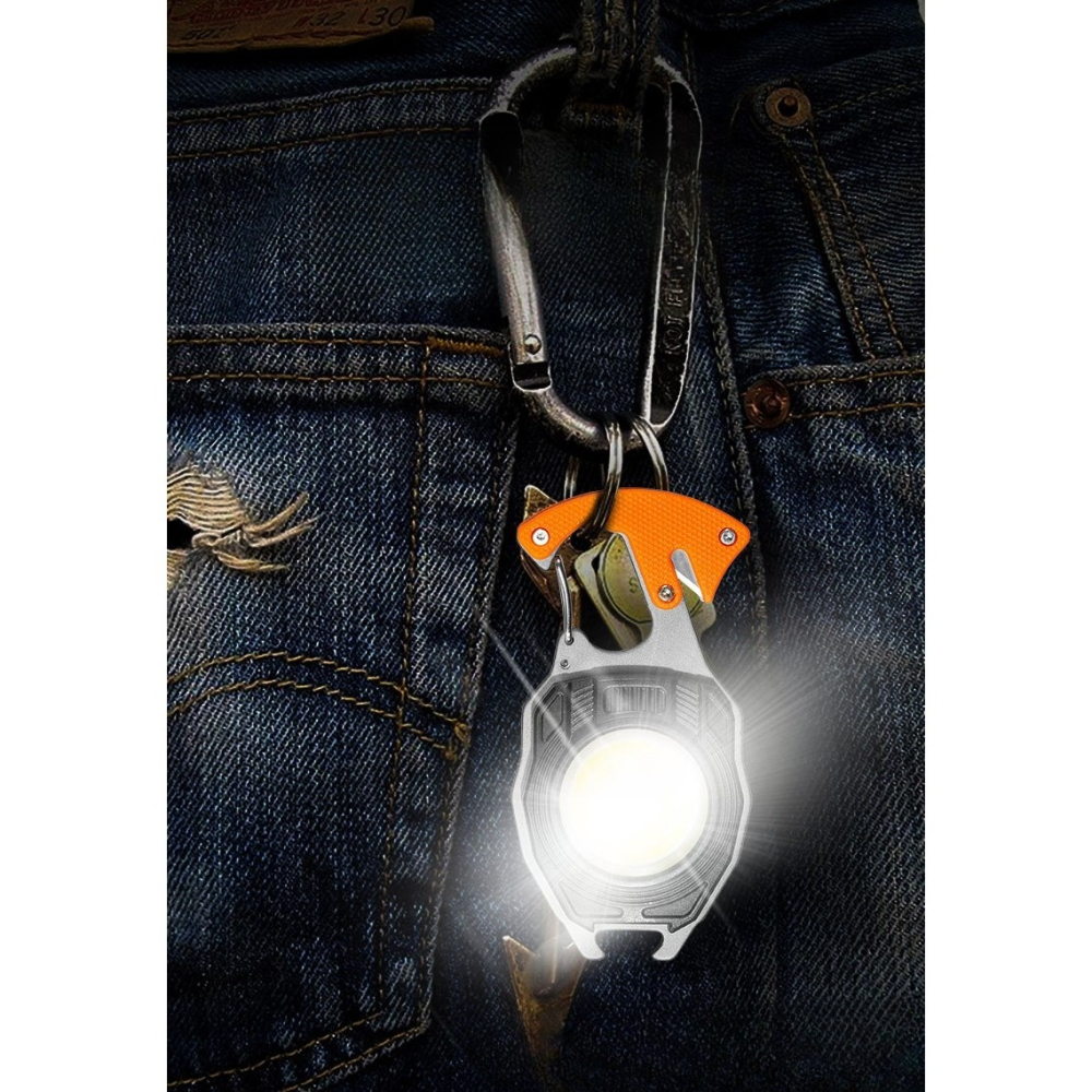 Lanterna multifunctionala, pentru camping, breloc, fluier, bricheta, surubelnita, desfacator sticle, reincarcabila USB-C, aluminiu/ABS, portocaliu [7]